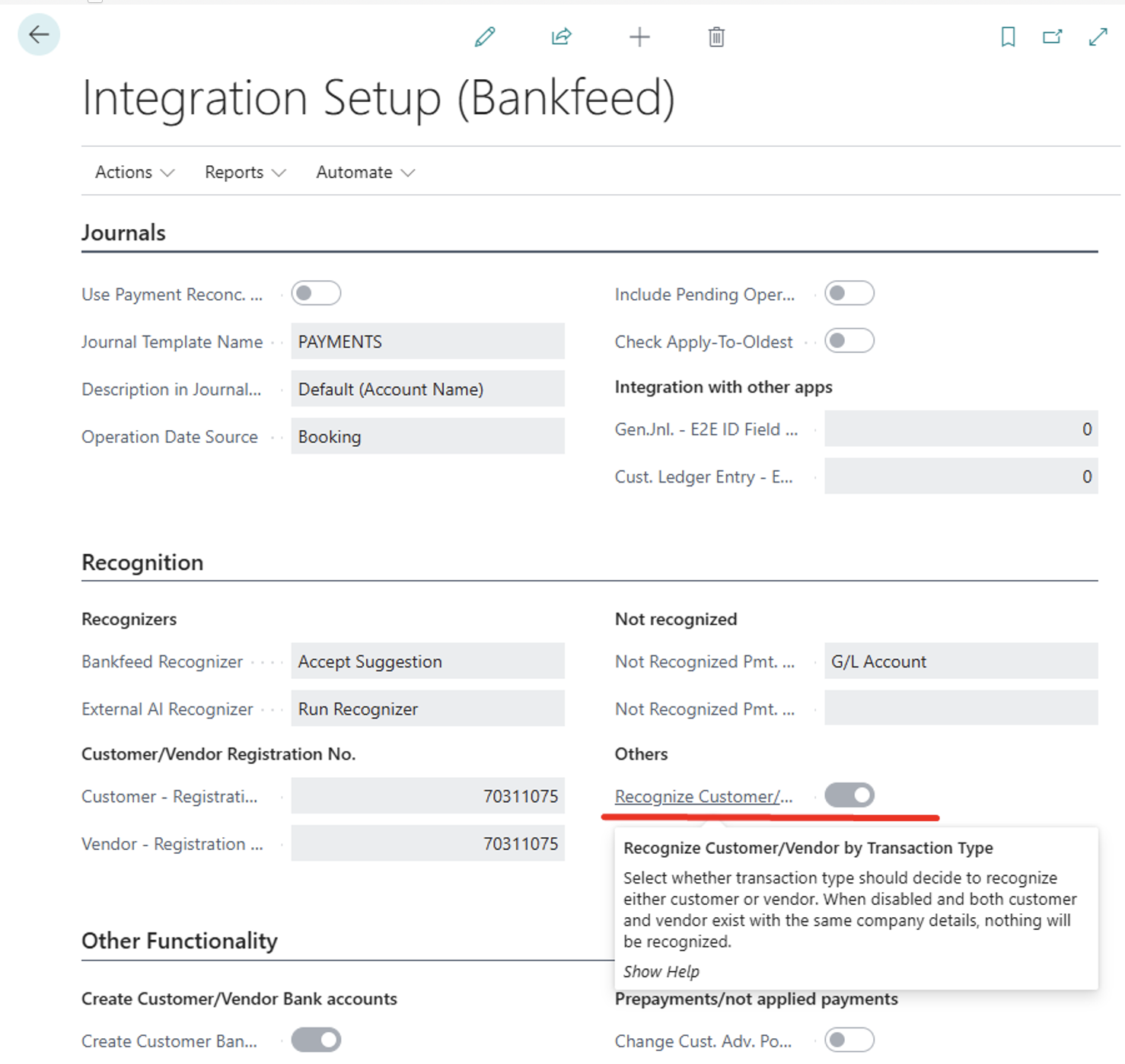 Recognize Customer by transaction type | Bankfeed