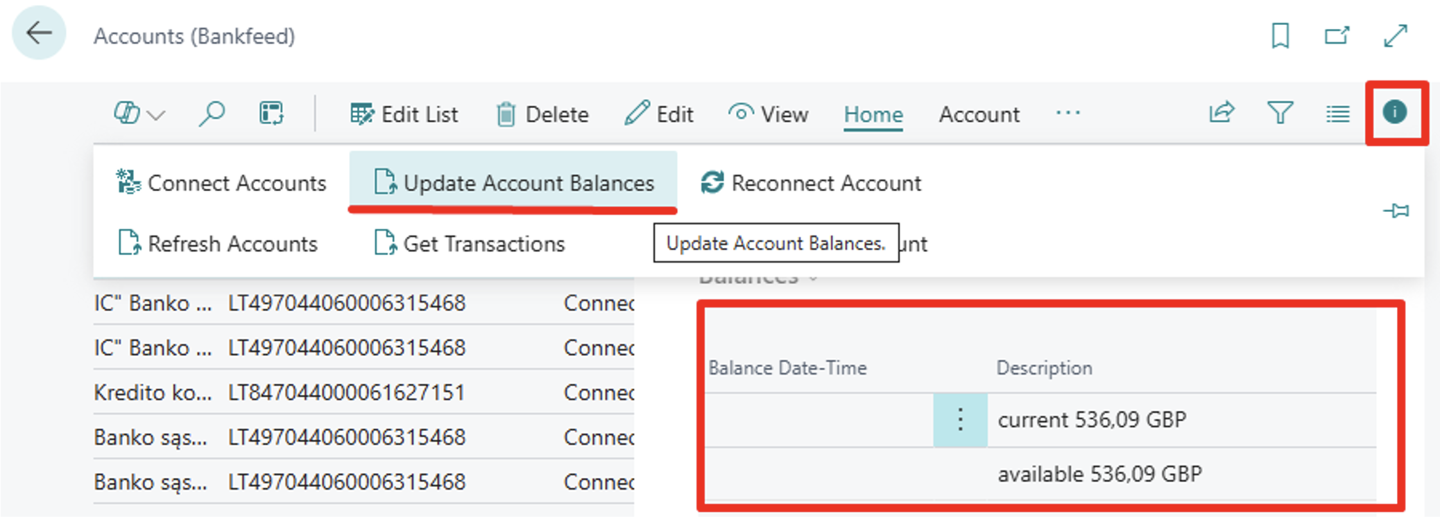 Update bank account balances | Bankfeed