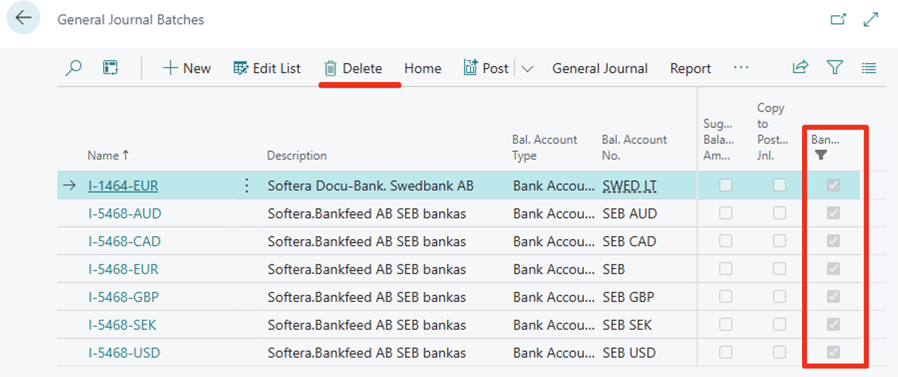 Delete journal batches | Bankfeed