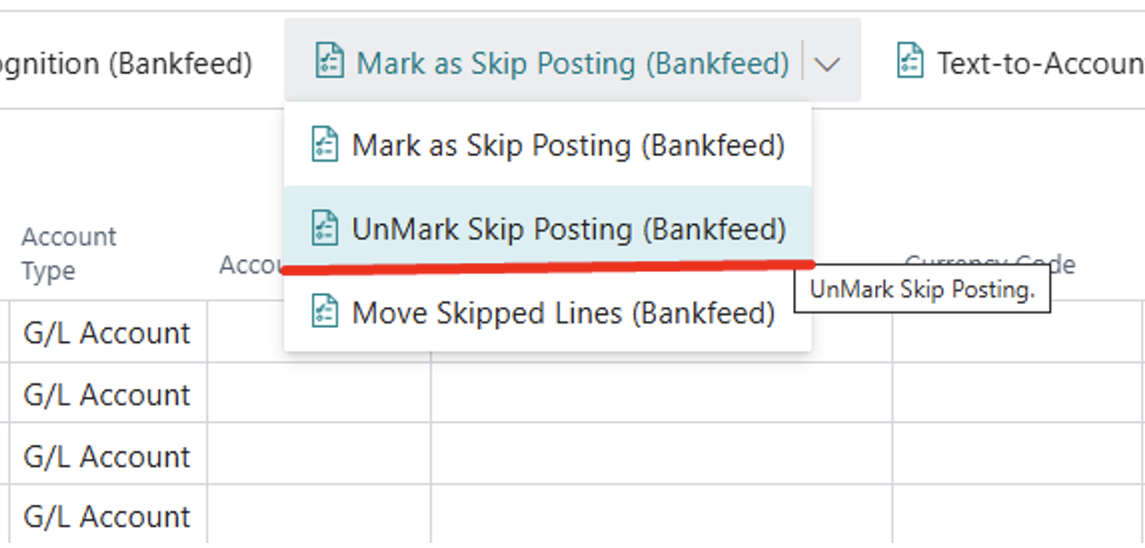 Unmark skip posting | Bankfeed