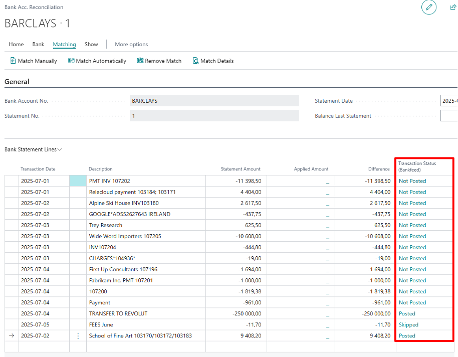 Bank Account Reconciliation status | Bankfeed
