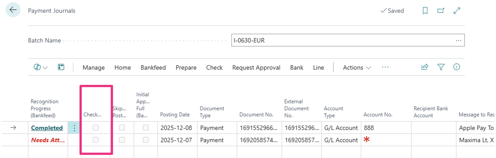 Checked line Bankfeed