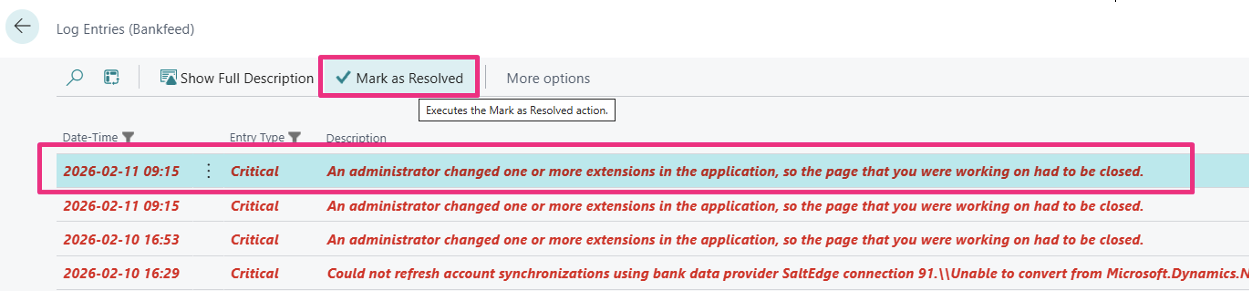 Log entries errors Bankfeed