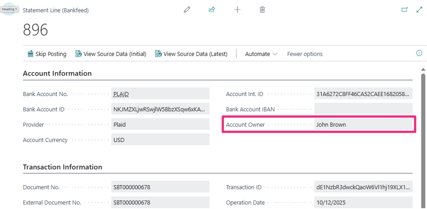 Account owner information Bankfeed