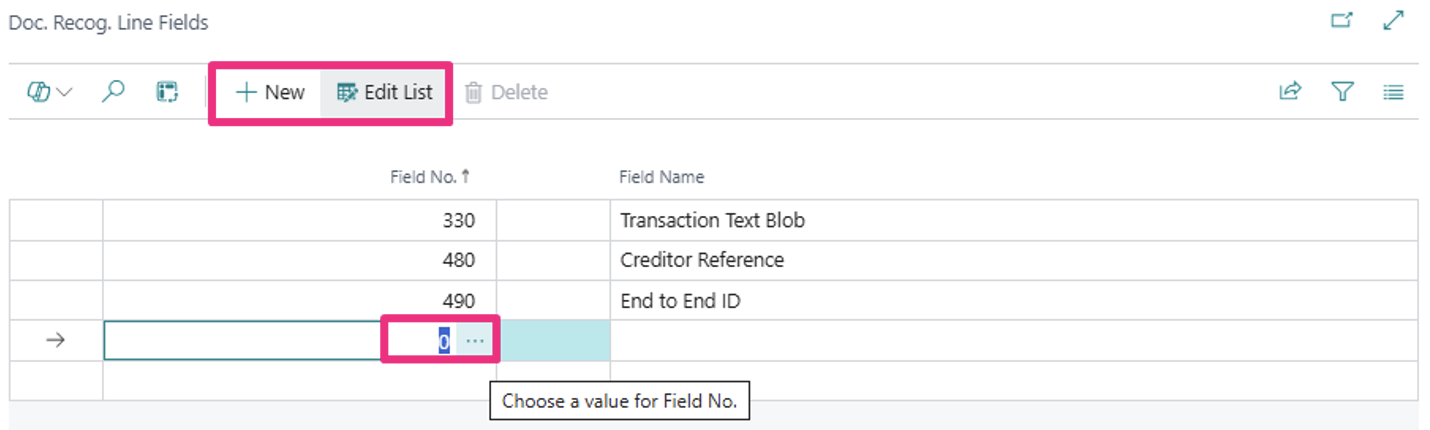 Document recognition setup list Bankfeed