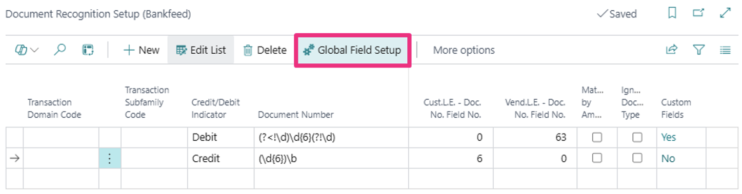 Global field setup Bankfeed