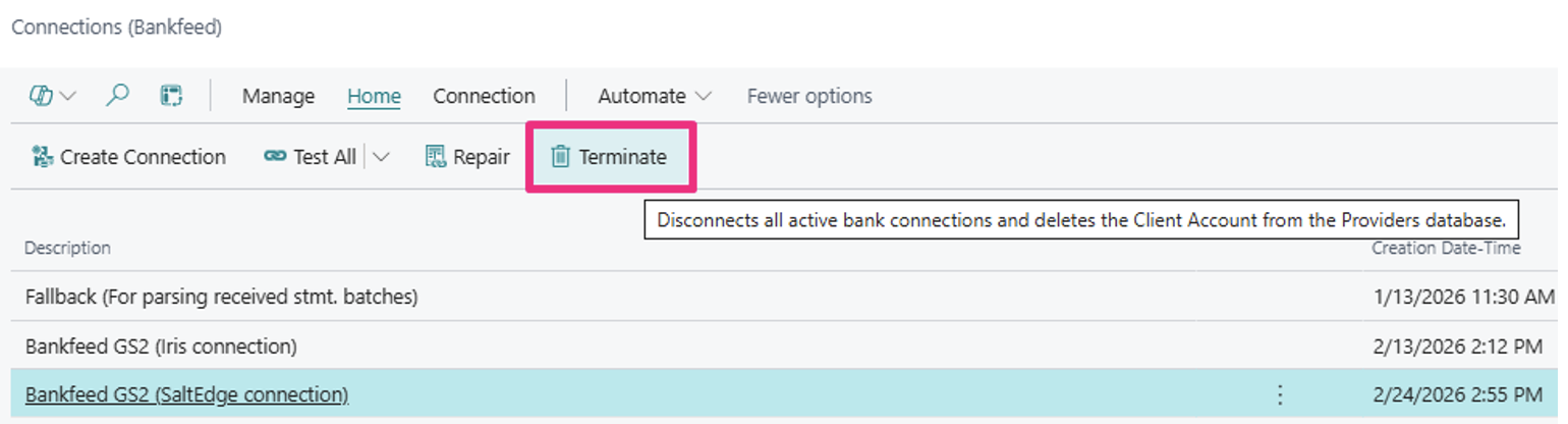 Terminate bank accounts Bankfeed