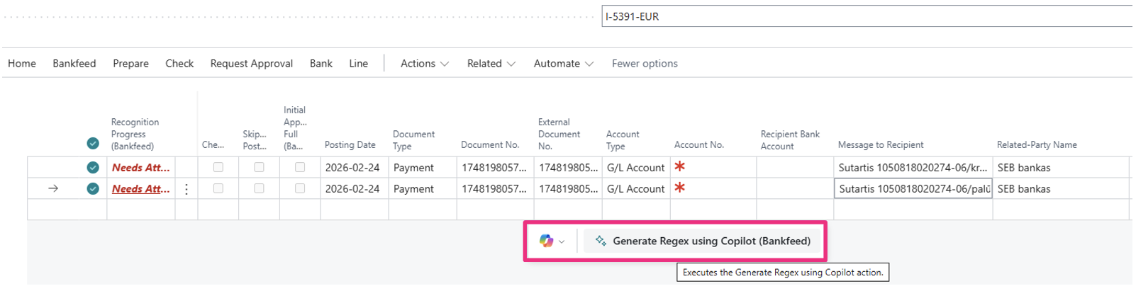 Copilot regex rules Bankfeed