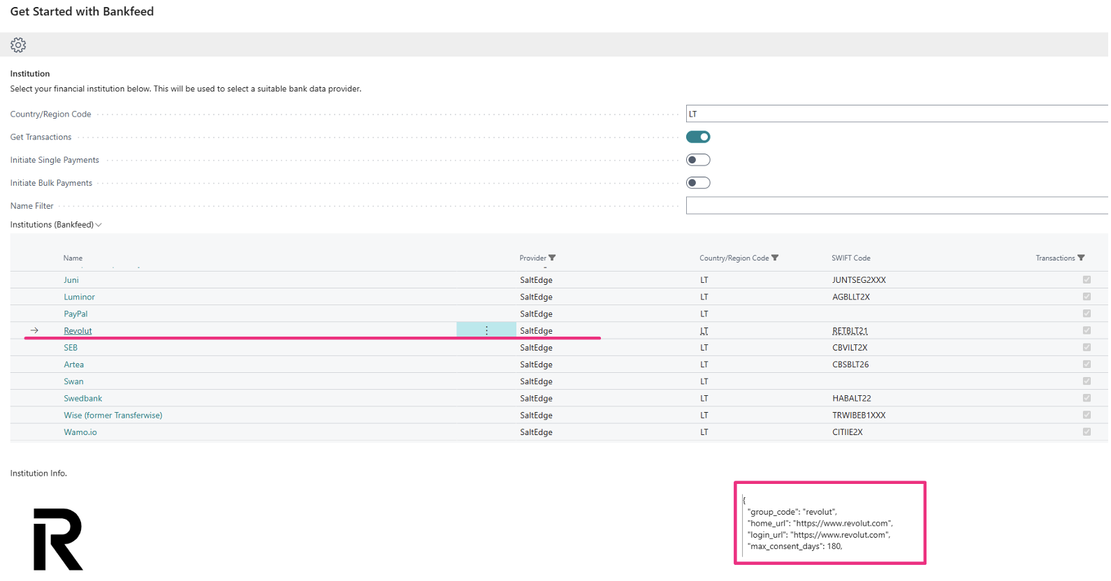 Institution functionality Bankfeed