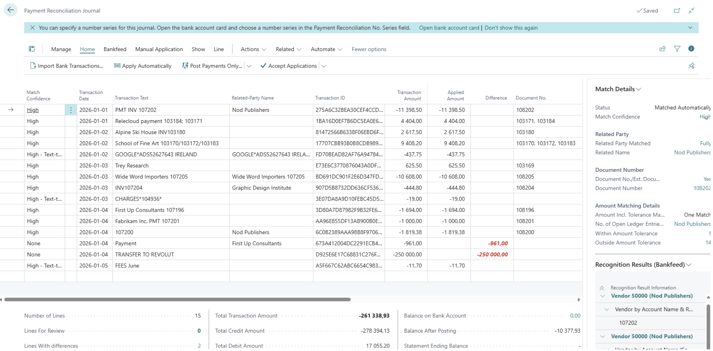 Bankfeed recognition in the Payment Reconciliation Journal
