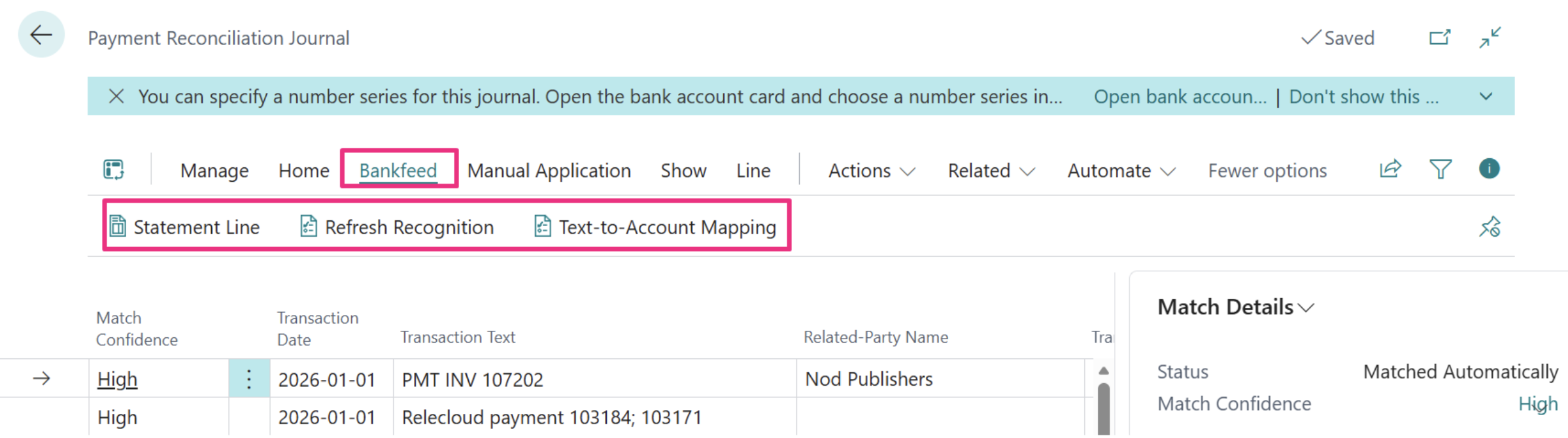 Bankfeed recognition in the Payment Reconciliation Journal