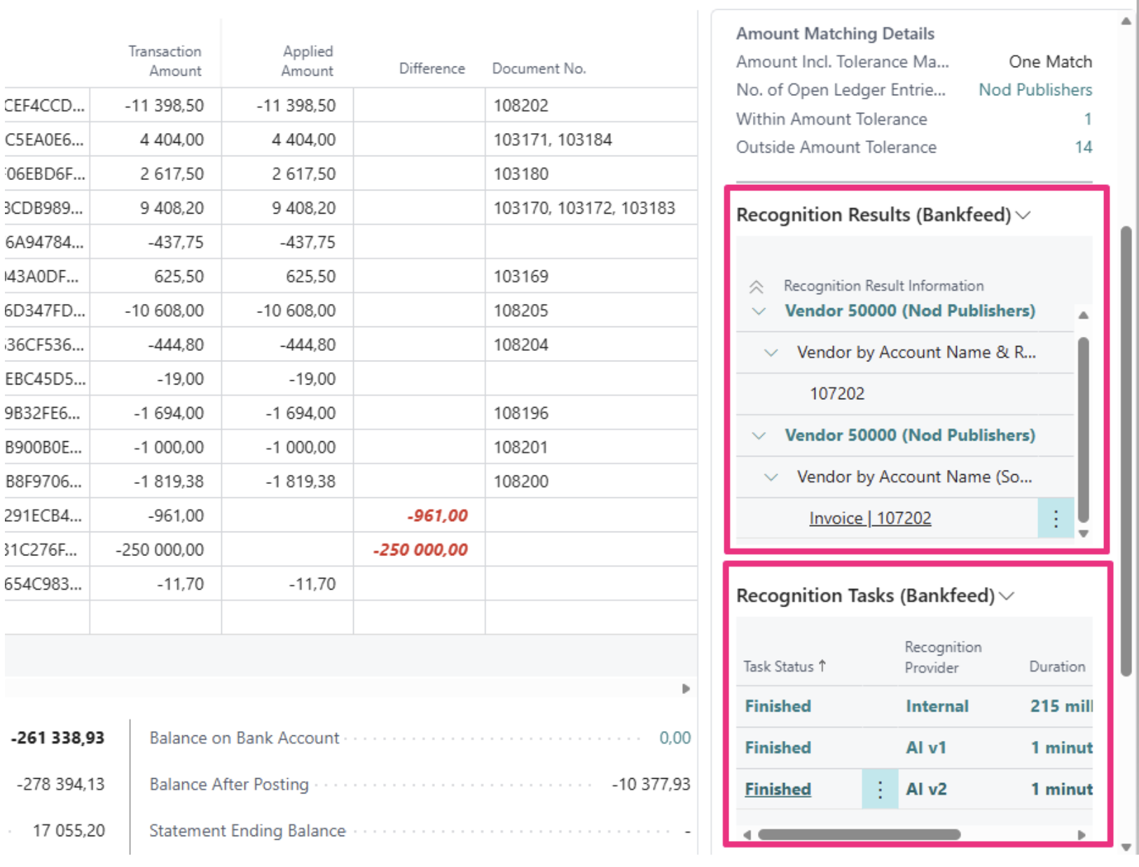 Bankfeed recognition in the Payment Reconciliation Journal