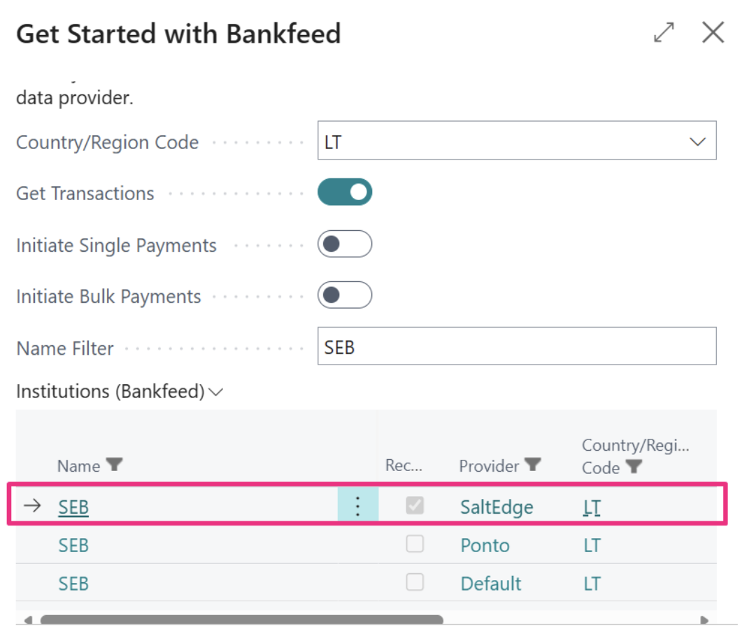 Recommended institutions | Bankfeed